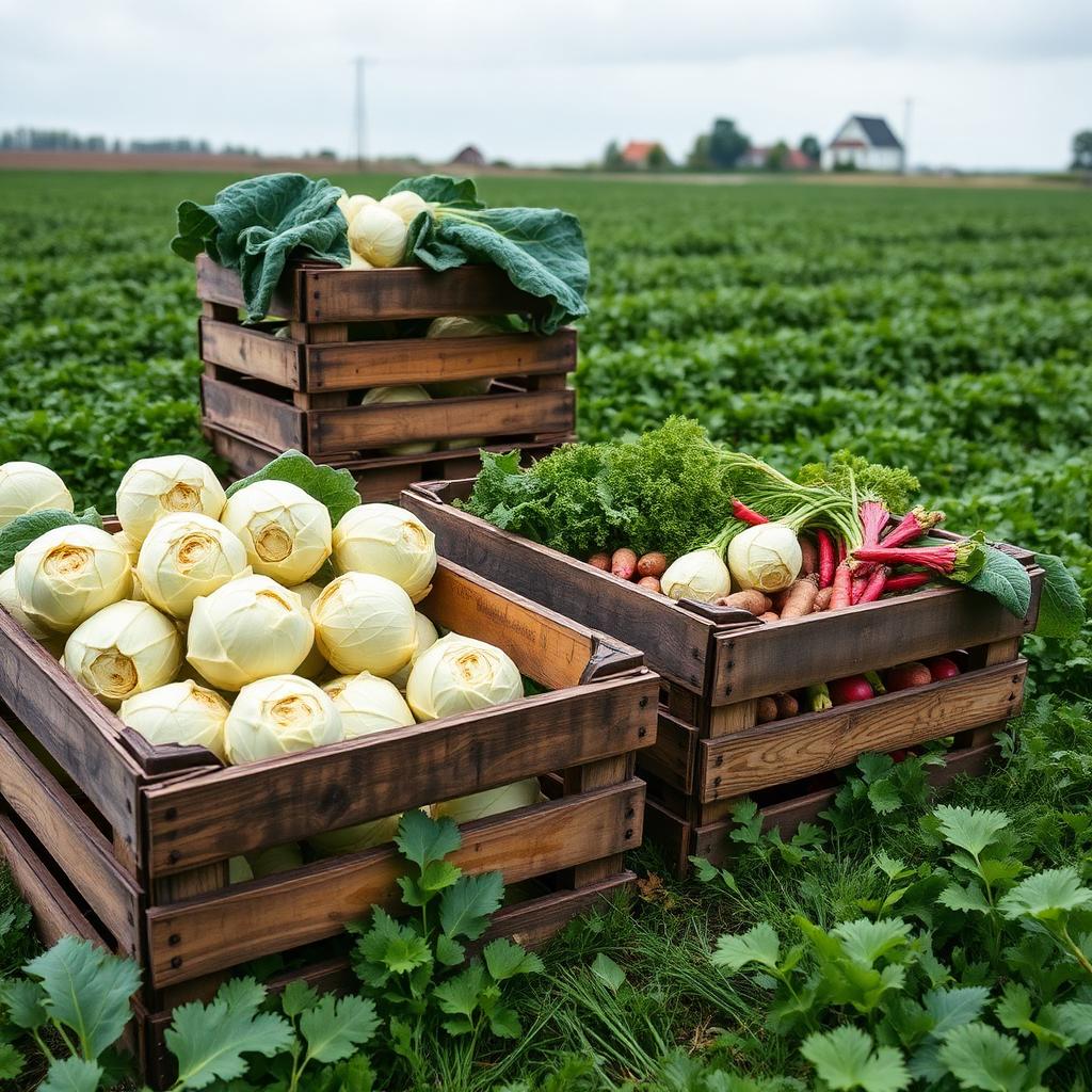 Wooden crates of cabbage and root vegetables on a Polish farm